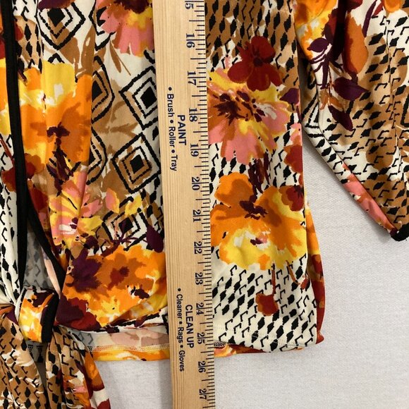 New Chenault Brown Orange Floral Stretch Knit Tie Front Feminine Blouse Large - Picture 5 of 9